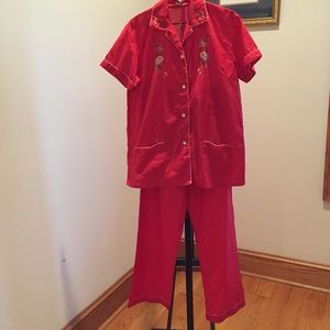 Red Pajama Set with Floral Embroidery!